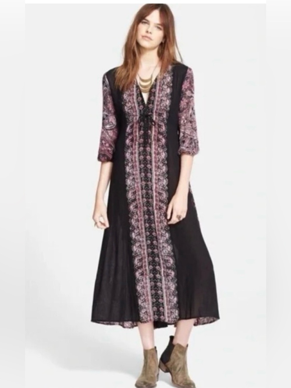 Free People Boho Black Mauve Paisley Deep V Maxi Dress Size XS